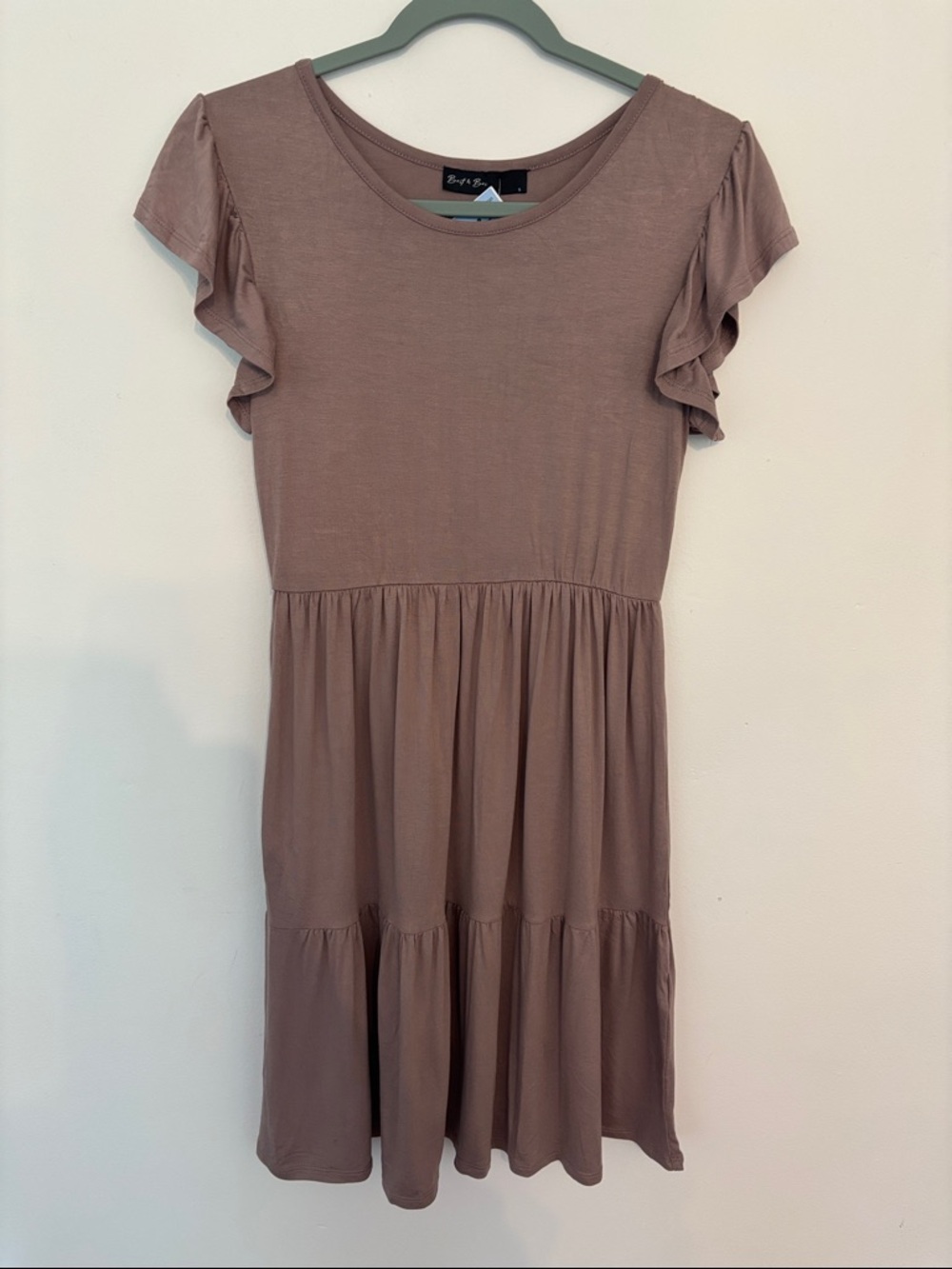 Flutter-Sleeve Tiered Mini Dress in Mauve